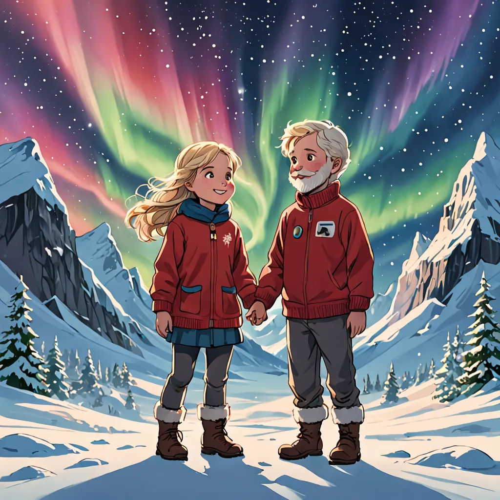 a couple of people standing in the snow holding hands under a sky with an aurora light behind them and a mountain, space art, a storybook illustration, Cliff Childs, official art