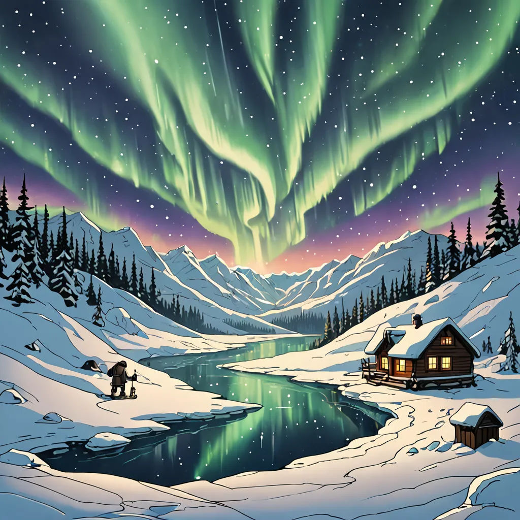 a painting of a cabin in the snow with a green aurora bore above it and a lake below it, environmental art, a storybook illustration, Dan Mumford, josan gonzales and dan mumford