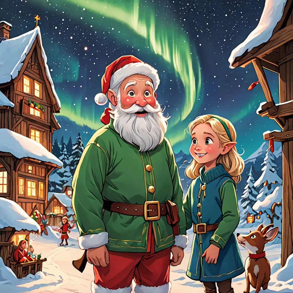 a cartoon of a santa and a little girl standing in front of a cabin with a northern lights in the background, naive art, a storybook illustration, Bruno Liljefors, official art