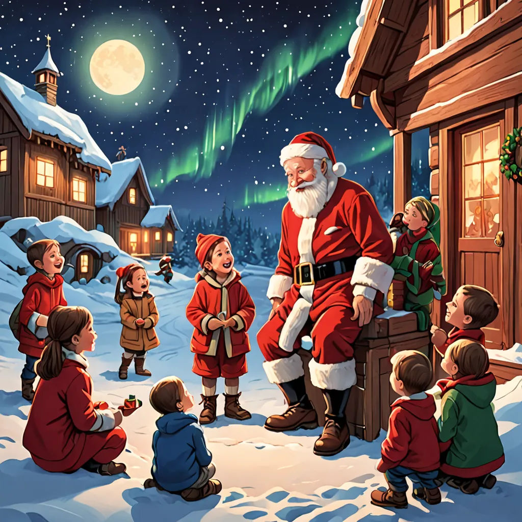 a painting of a santa clause talking to children in the snow outside of a cabin at night with a full moon in the sky, naive art, a storybook illustration, Ernest William Christmas, official art