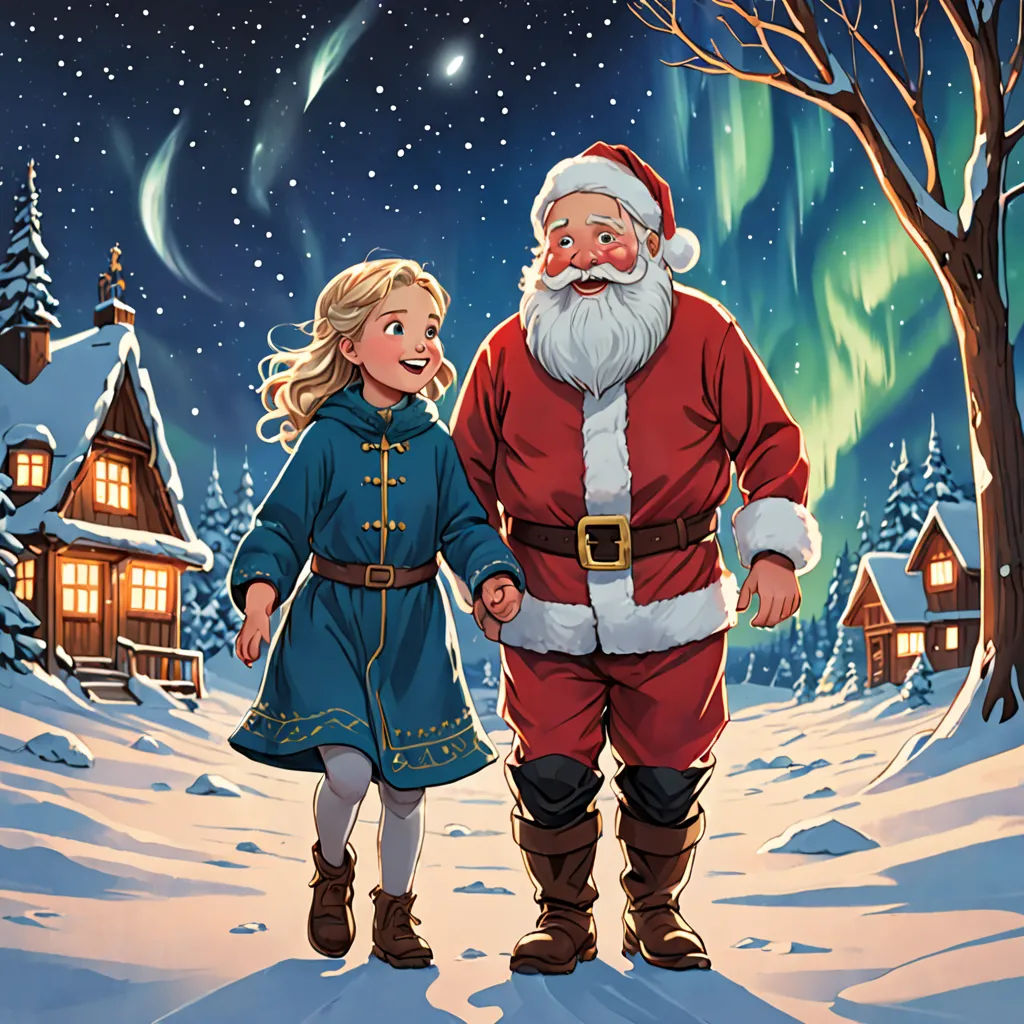 a cartoon of a girl and santa clause walking in the snow with a christmas tree in the background and a house in the foreground, naive art, a storybook illustration, Bruno Liljefors, official art