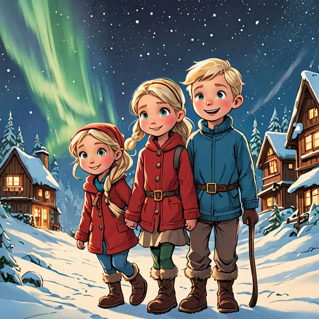 a couple of kids standing next to each other in front of a cabin with a aurora bore in the background, lyco art, a storybook illustration, Cliff Childs, promotional image