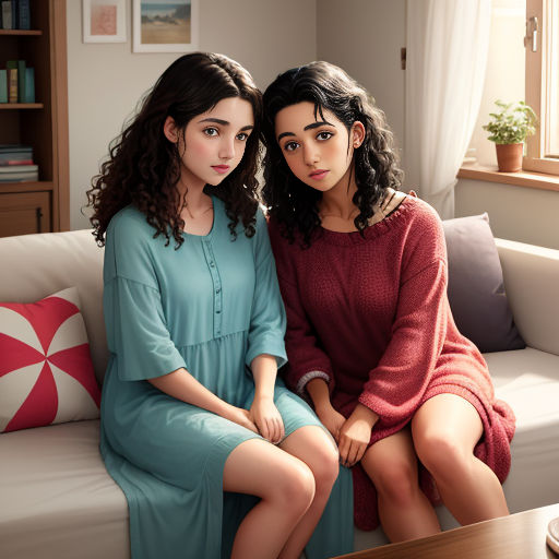 two women sitting on a couch in a living room next to a window with a red and white pillow