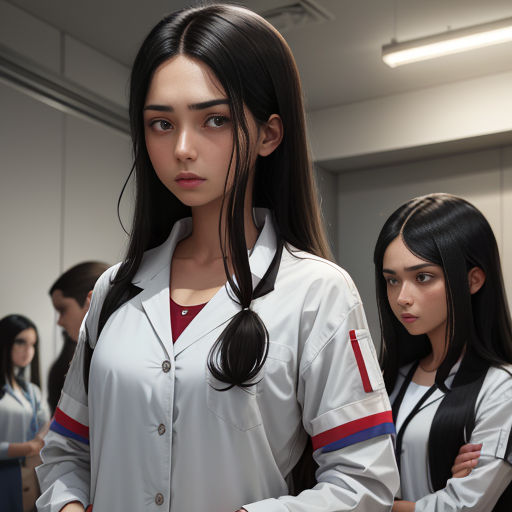 a woman with long hair standing next to another woman in a room with other people in the background and a woman with long hair in a white shirt
