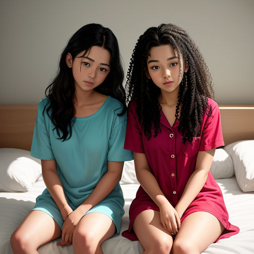 two girls sitting on a bed with white sheets and pillows, one of them is wearing a pink shirt and the other is a blue shirt