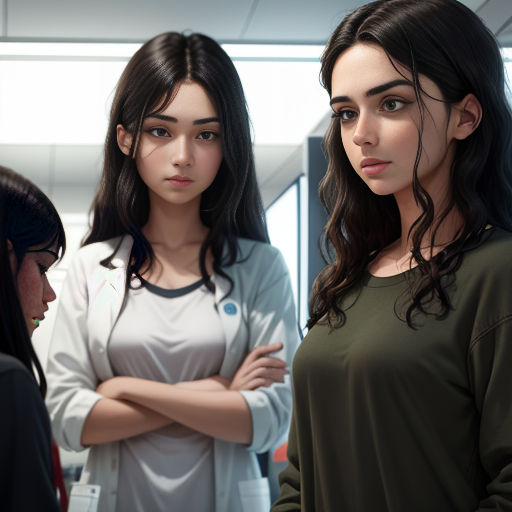 two women standing next to each other in a room with a window behind them and one woman with her arms crossed
