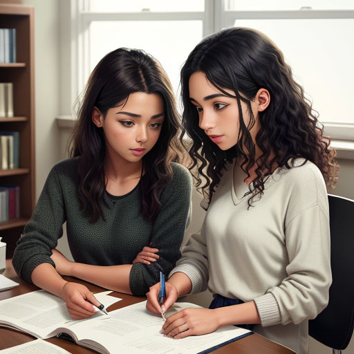 two women sitting at a table with books and a pen in their hands and one woman writing on a paper