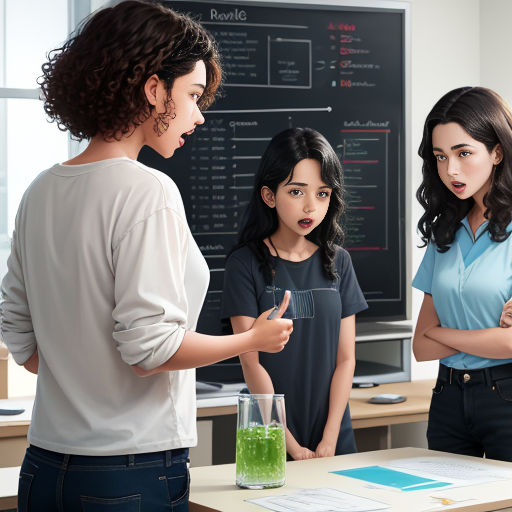 a woman pointing at a woman in a classroom with a blackboard in the background and a woman pointing at a woman in a blue shirt