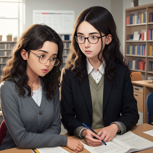 two girls sitting at a desk in a library with books and papers in front of them, one of them is writing
