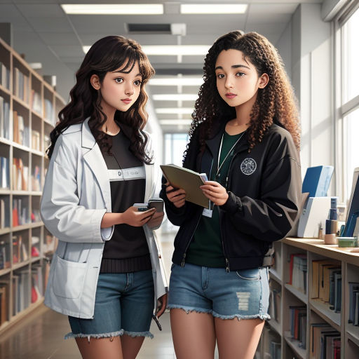 two girls standing in a library looking at a tablet computer screen and a book on a shelf behind them