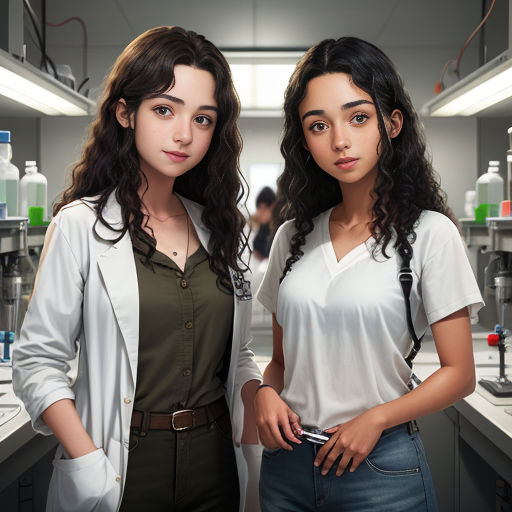 two women standing in a lab with a lot of bottles on the shelves behind them and one woman is holding a cell phone