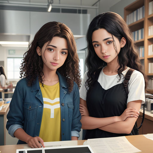 two young women standing next to each other in a library with a computer on a table and bookshelves
