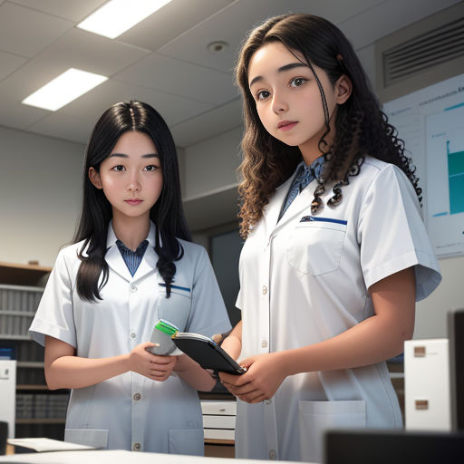 two young women in white lab coats standing next to each other in a room with computers and monitors on the walls