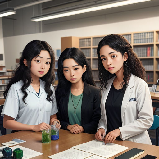 three women in lab coats standing at a table with papers and a drink in front of them and a bookcase in the background