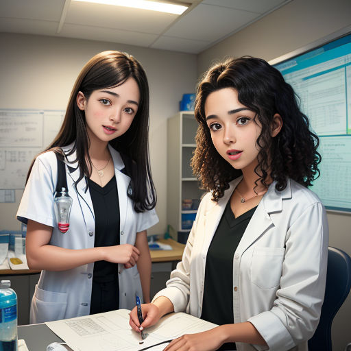 two women in lab coats standing in front of a desk with a pen and paper in front of them