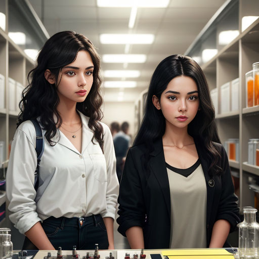 two women standing in a room with a table full of bottles and a chess board on it, with a man in the background