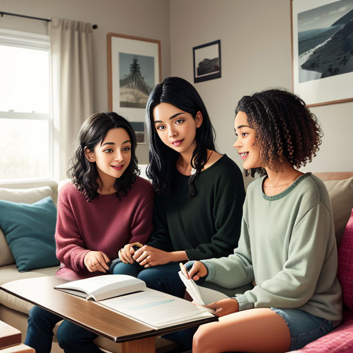 three women sitting on a couch looking at a book and a notebook in front of them, with a window behind them