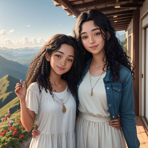 two girls standing next to each other in front of a mountain view with flowers and a house in the background