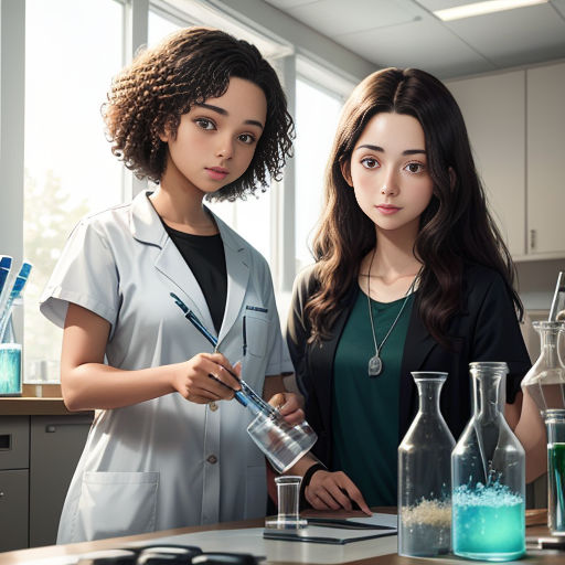 two women in lab coats standing in front of a table with laboratory equipment and a laptop computer on it