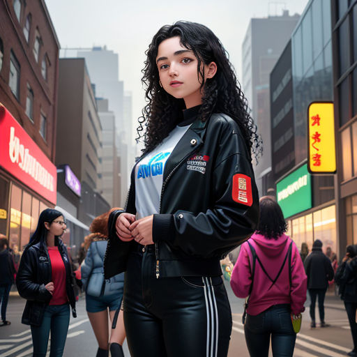 a woman in a black leather jacket and leggings stands on a city street with people walking by