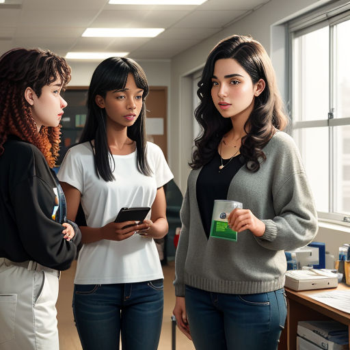 three women standing in a room looking at something on a tablet computer and a cell phone in their hands