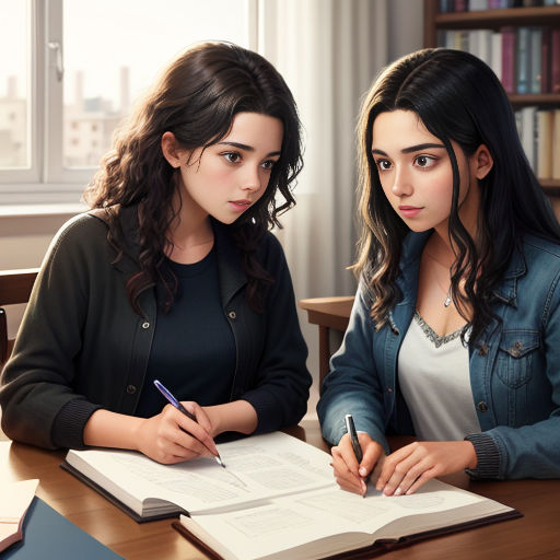 two girls sitting at a table with a book and pen in their hands and a book open to the page