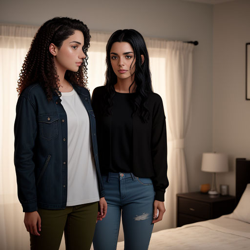 two women standing next to each other in a bedroom with a bed and a window behind them, one of them is wearing a black shirt and the other is wearing green pants