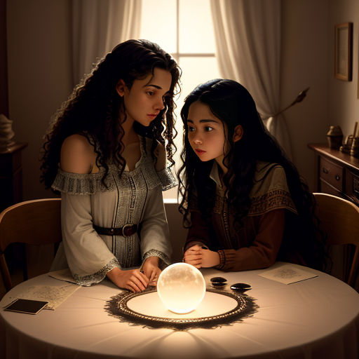 two women sitting at a table looking at a light on a plate with a lamp on it and a lamp on top of it