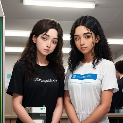 two girls standing next to each other in a room with a green wall and a white ceiling with lights