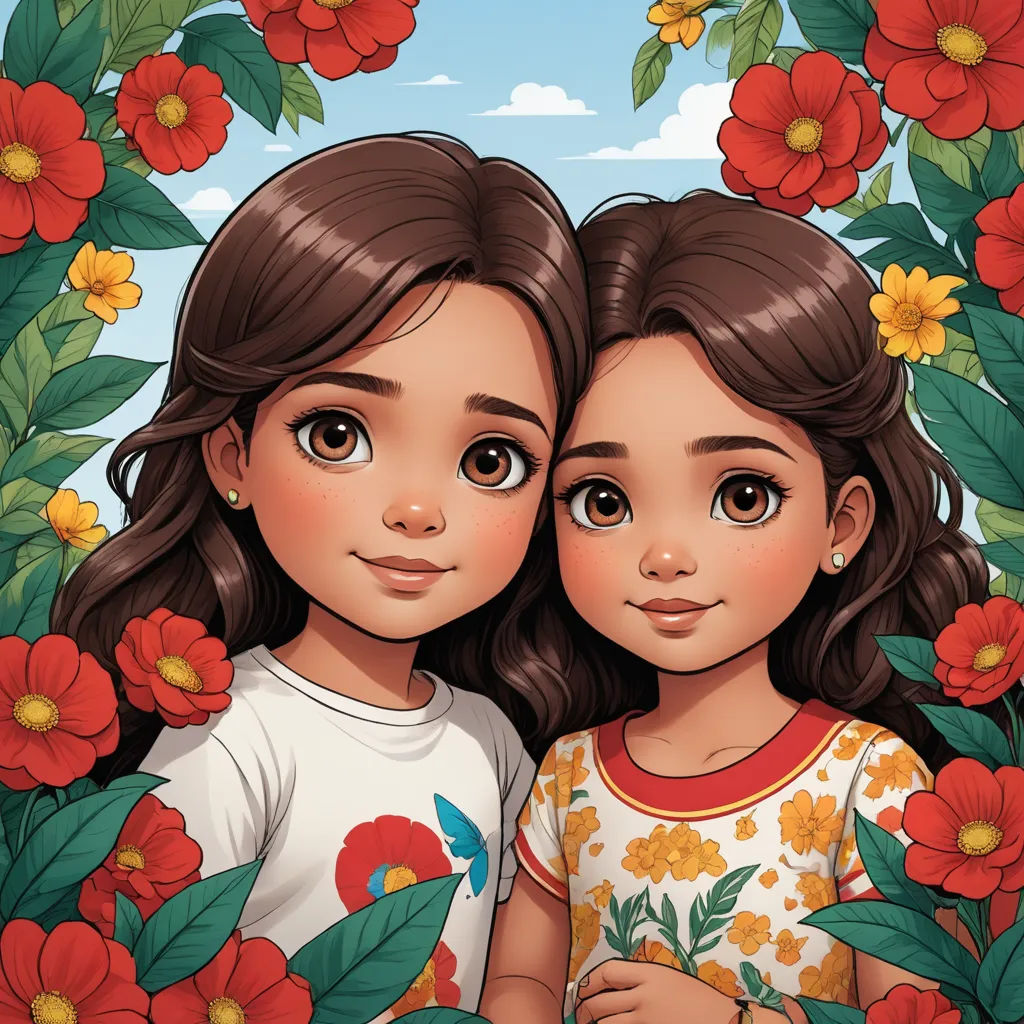 two girls standing in front of a flowery background with red flowers and green leaves on the sides of their faces, lyco art, a storybook illustration, Artgerm, pixar style