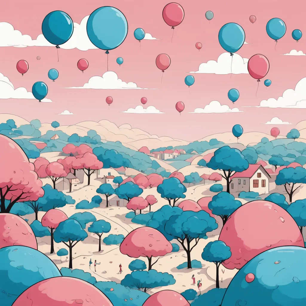 a painting of a pink and blue landscape with balloons flying over it and a house in the distance with a pink sky, serial art, a storybook illustration, Chris LaBrooy, detailed illustration