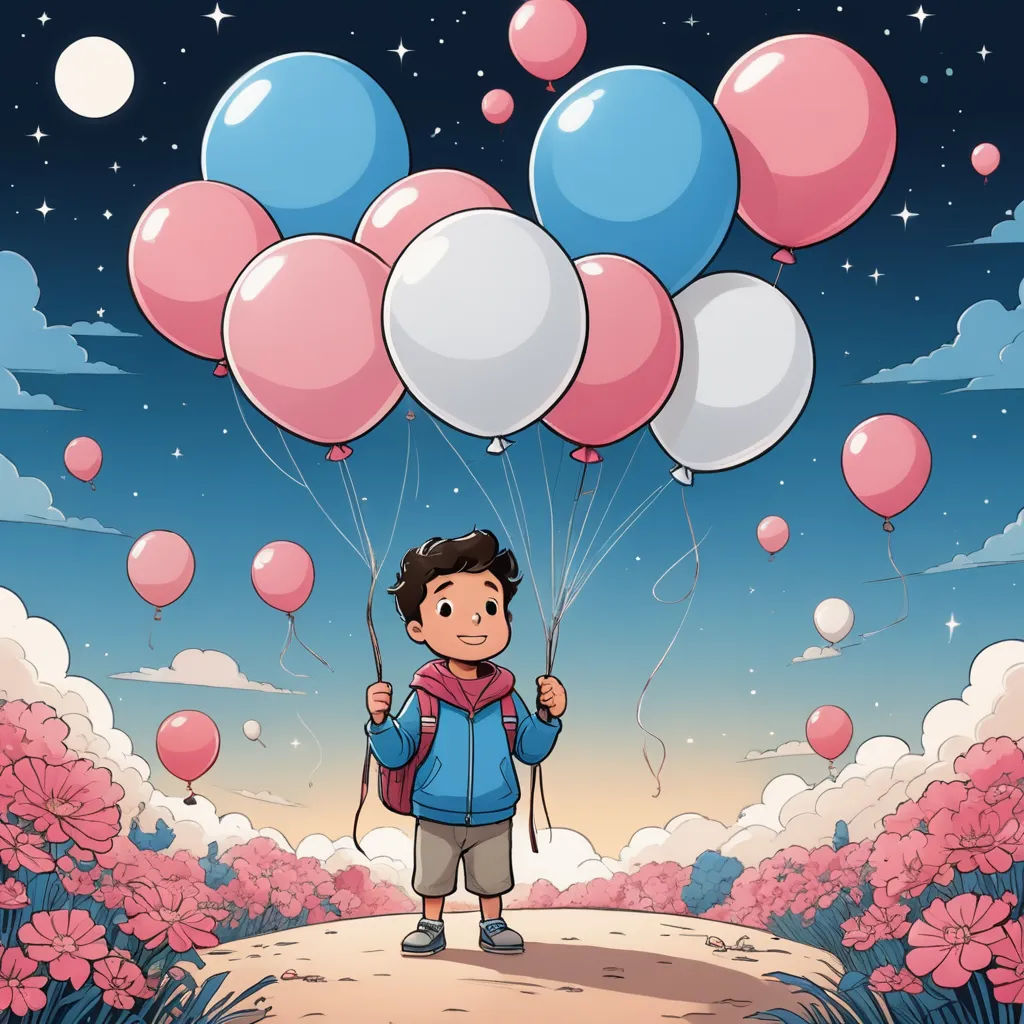 a boy holding balloons in the sky with stars above him and a field of flowers and trees in the background, sots art, a storybook illustration, Diego Gisbert Llorens, comic cover art