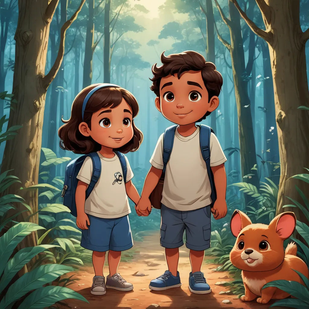 a boy and a girl are standing in the woods holding hands and a dog is looking at them with a forest background, sots art, a storybook illustration, Alejandro Burdisio, official art