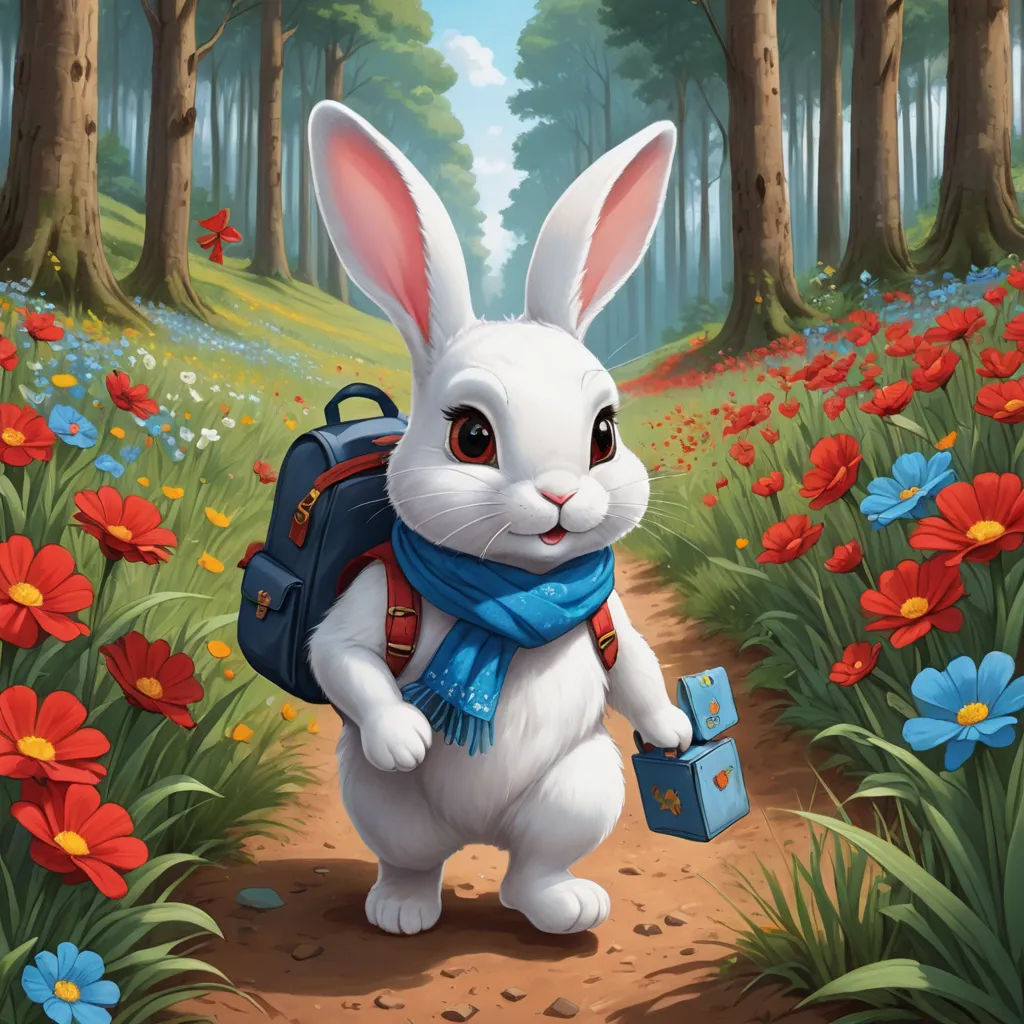 a white rabbit with a blue backpack and a blue suitcase in a forest with red flowers and blue sky, fantasy art, a character portrait, Aaron Jasinski, rossdraws global illumination