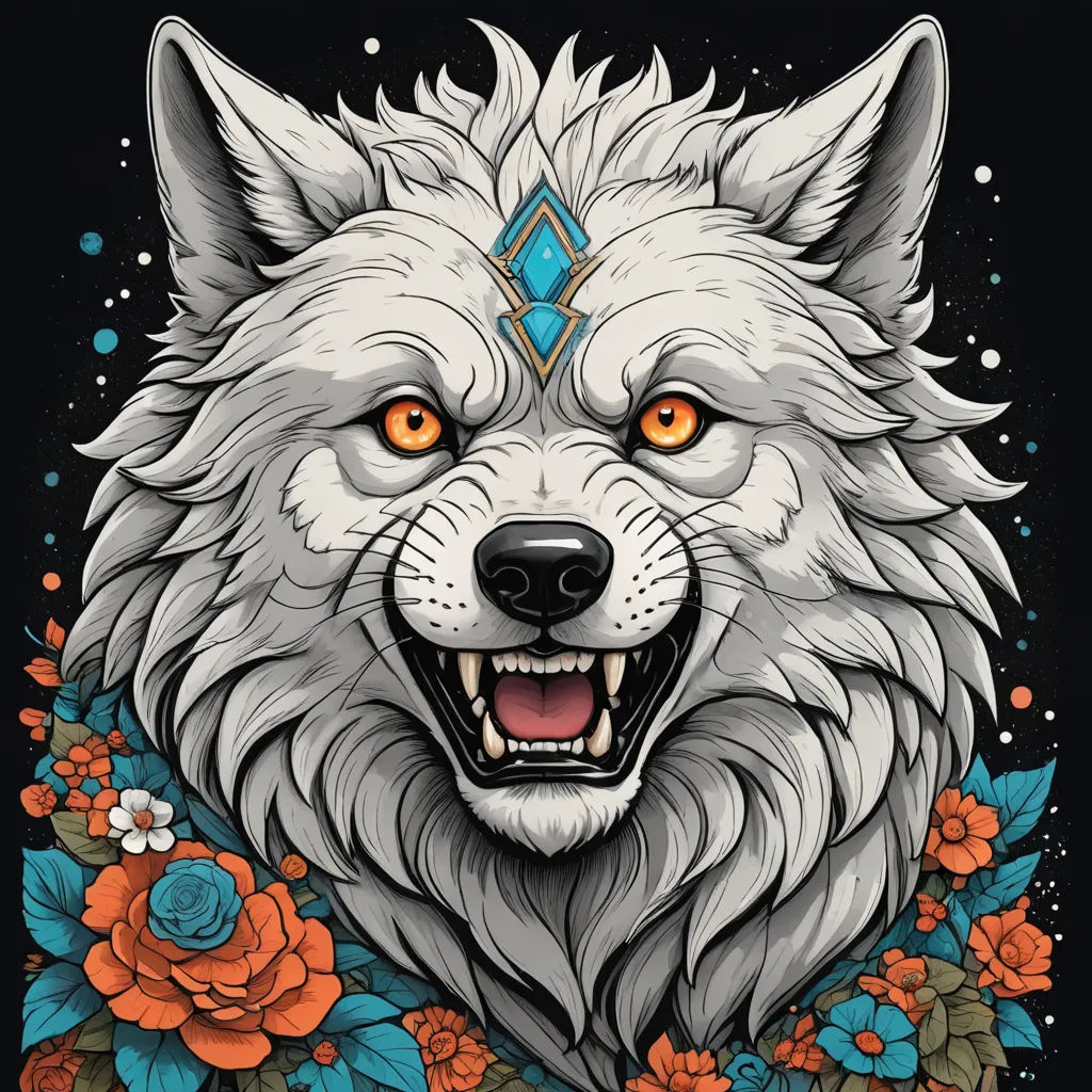 a wolf with orange eyes and a blue diamond on its head, surrounded by flowers and leaves, is shown in a black background, furry art, a character portrait, Caspar Wolf, detailed art