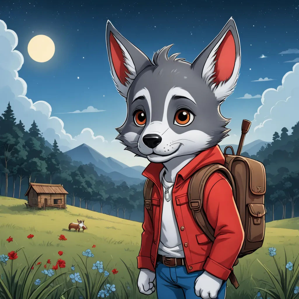 a wolf with a backpack standing in a field at night with a full moon in the background and a cabin in the distance, furry art, a character portrait, Cedric Seaut (Keos Masons), trending on art station