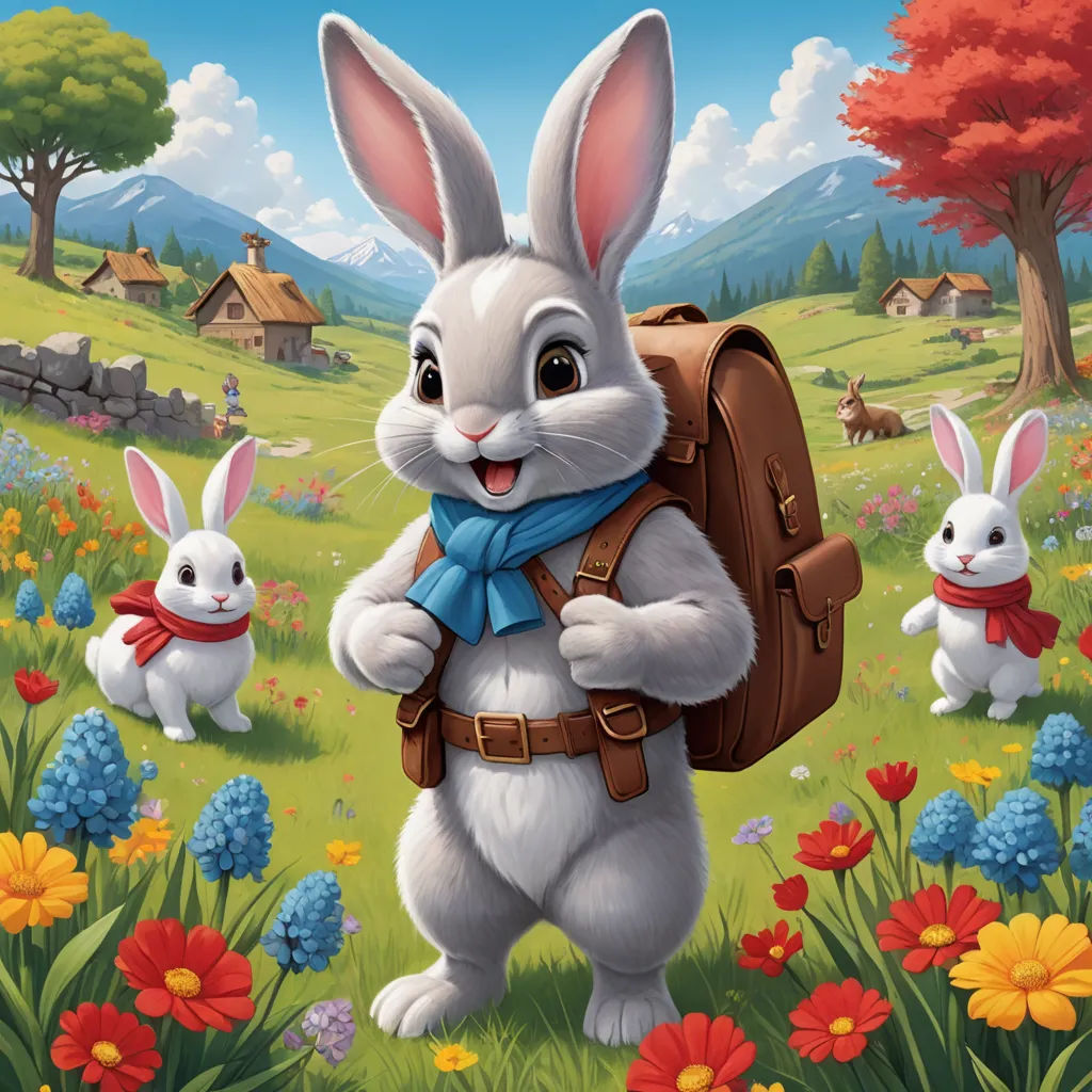 a cartoon bunny with a backpack and two rabbits in a field of flowers and trees, with a house in the background, naive art, a storybook illustration, Beatrix Potter, rossdraws global illumination