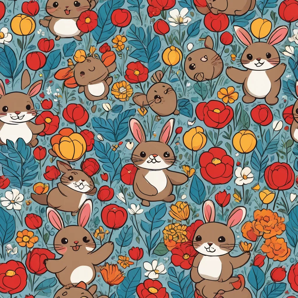 a pattern of rabbits and flowers on a blue background with red, yellow, and orange flowers and leaves, context art, a jigsaw puzzle, Annabel Kidston, overgrown