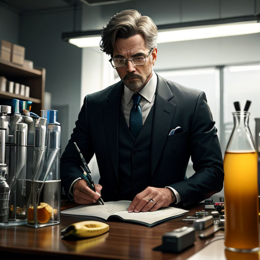 a man in a suit writing on a book at a desk with a lot of bottles and a banana