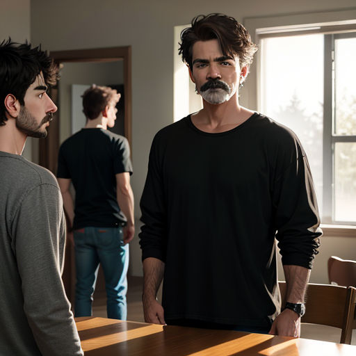 a man with a beard standing next to another man in a room with a table and chairs and a window
