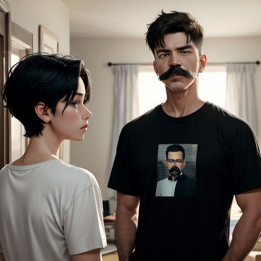a man with a mustache and a woman with a mustache standing in a room with a window and a curtain