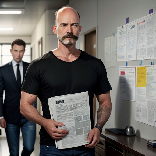 a man with a beard and a mustache holding a paper in his hands while another man in a suit walks by