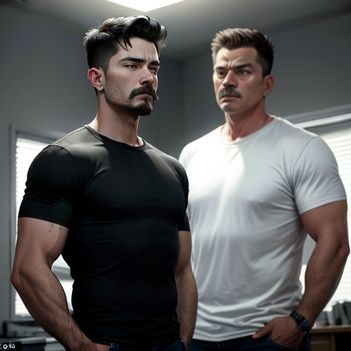 two men standing next to each other in a room with a window and a light on the ceiling above them