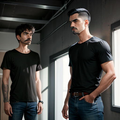 two men standing next to each other in a room with a window and a curtain on the wall behind them
