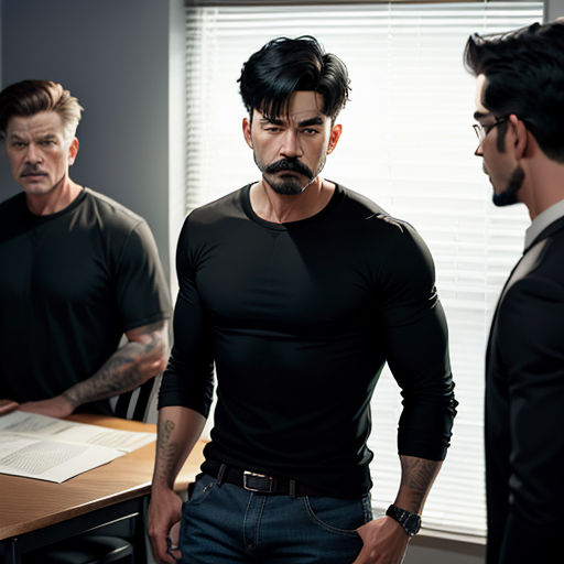 a man with a beard standing in front of a desk with another man in the background looking at him