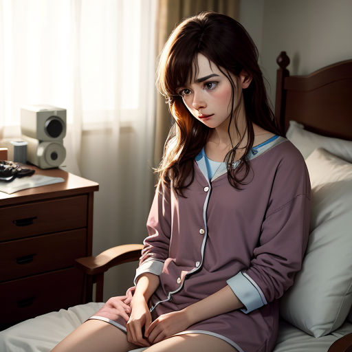 a woman sitting on a bed in a room with a window and a lamp on the side of the bed
