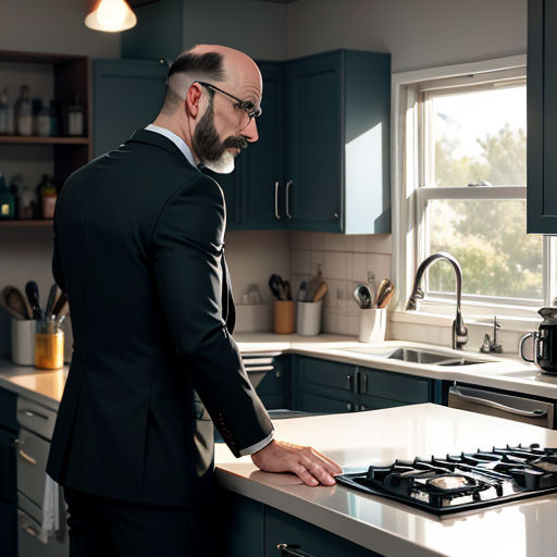 a man in a suit standing at a kitchen counter looking at a stove top with a pot on it