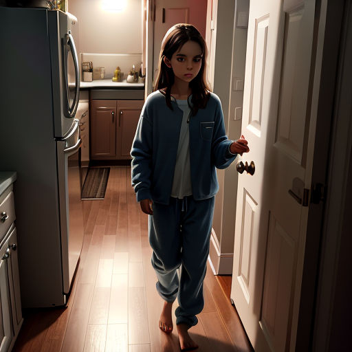 a young girl is standing in a kitchen with a refrigerator and a microwave in the background and a door open