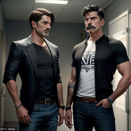 two men standing next to each other in a hallway with a mirror behind them and a man with a mustache