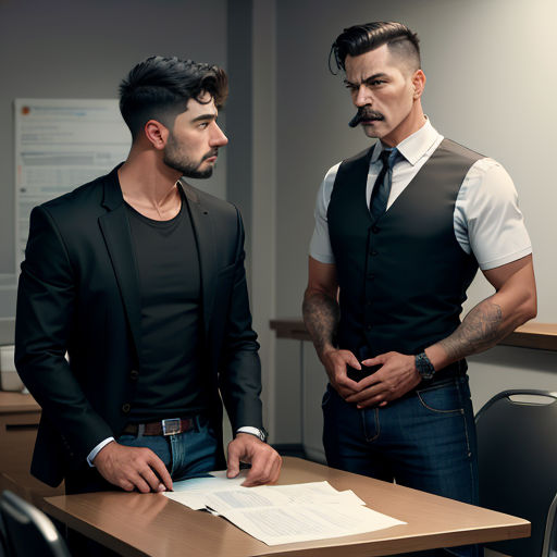 two men standing in a room with a table and a desk with papers on it and one man with a mustache